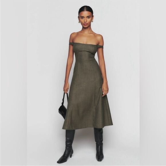 Reformation Dresses & Skirts - Reformation Stratford Wool Blend Midi Off the Shoulder Dress Size 4